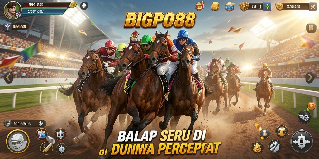 Tangkapan layar gameplay BIGPO88 dengan mobil balap yang melaju cepat di sirkuit.