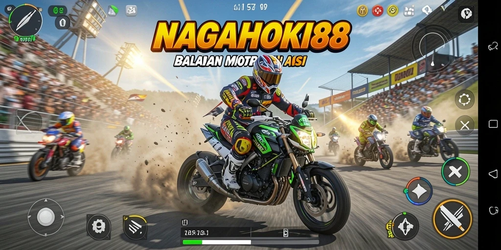 Screenshot NAGAHOKI88 menampilkan aksi balapan motor yang seru.
